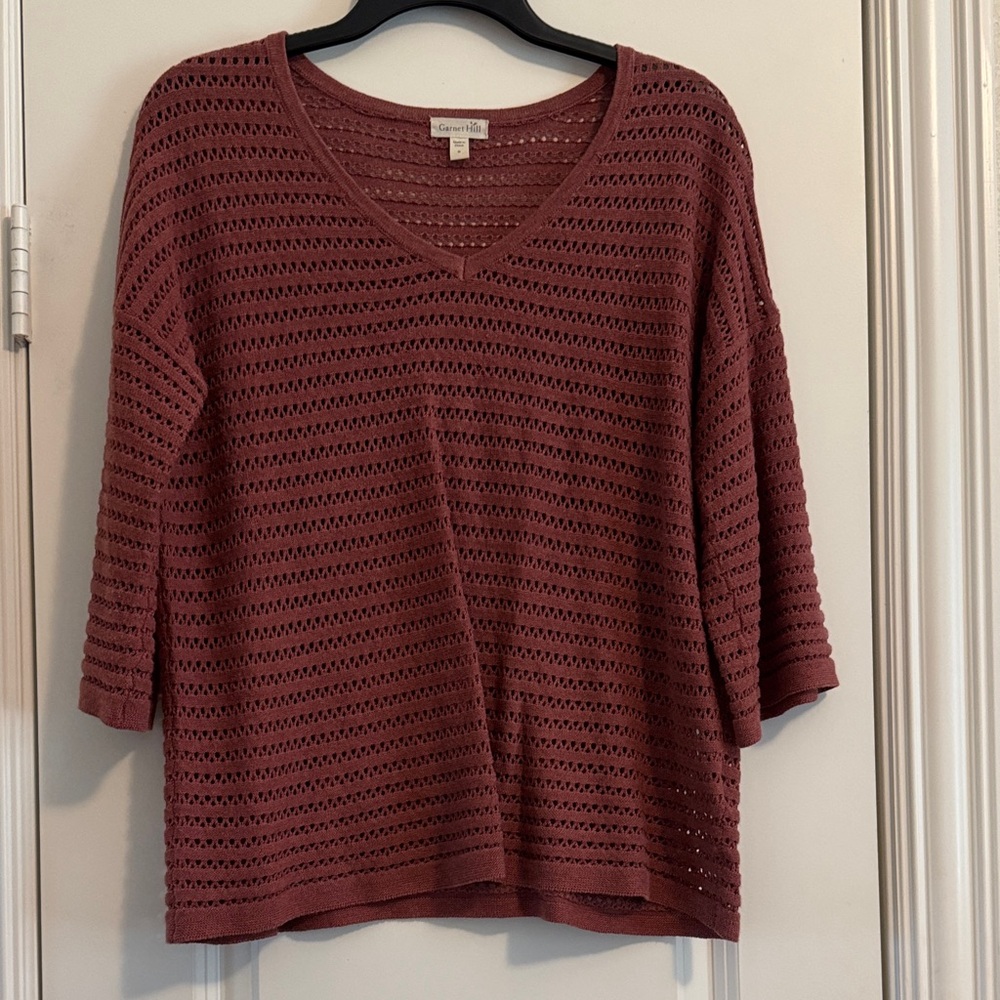 Garnet Hill Women's V-Neck 3/4 Sleeve Sweater - Deep Brick Red